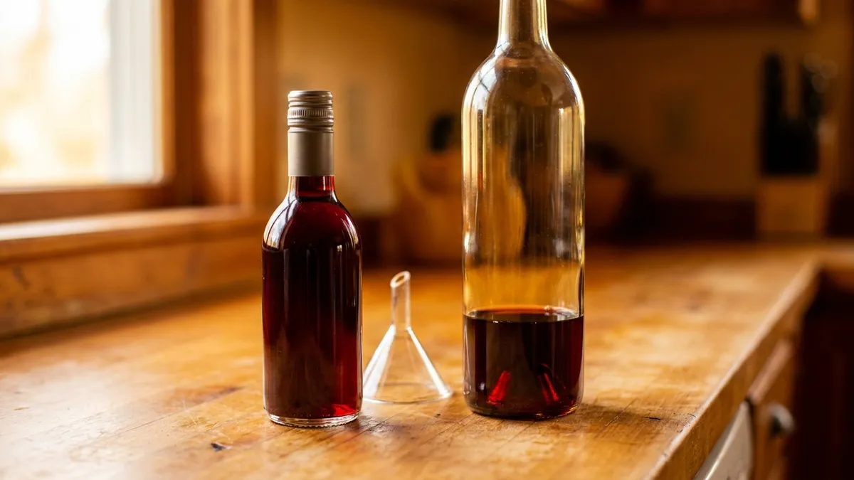A small half-bottle of red wine filled to the neck beside a nearly empty full-size bottle and a glass funnel
