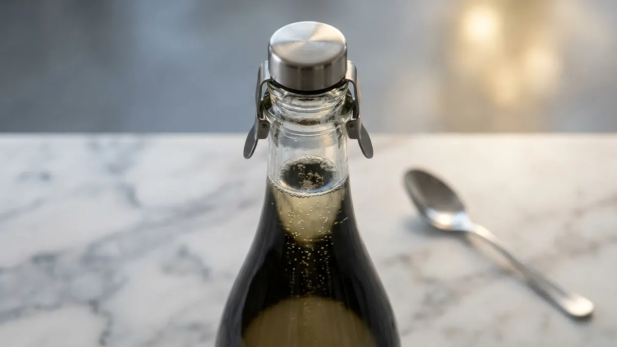 A sparkling wine bottle sealed with a steel clamp stopper on a marble counter beside a teaspoon