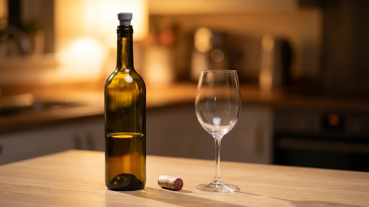 A half-full bottle of white wine resealed with a silicone stopper beside its swollen cork and an empty glass on an oak counter in warm lamplight