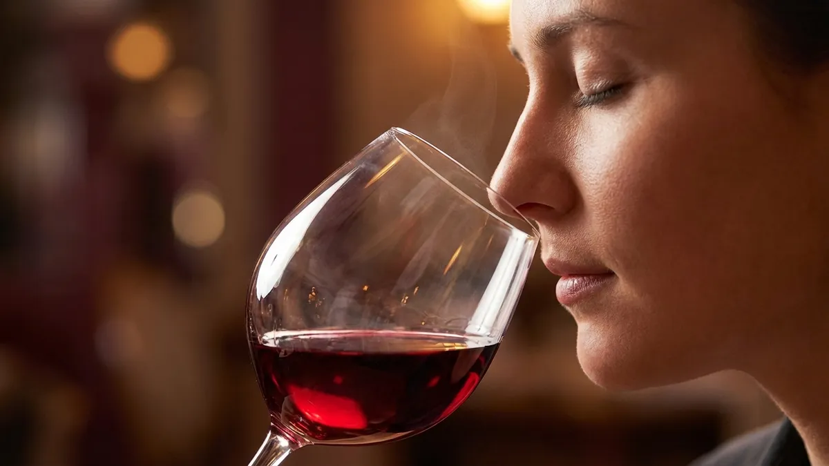 A close-up of a person holding a large wine glass to their nose, eyes softly closed, with rich red wine swirling inside — capturing the moment of smelling the wine