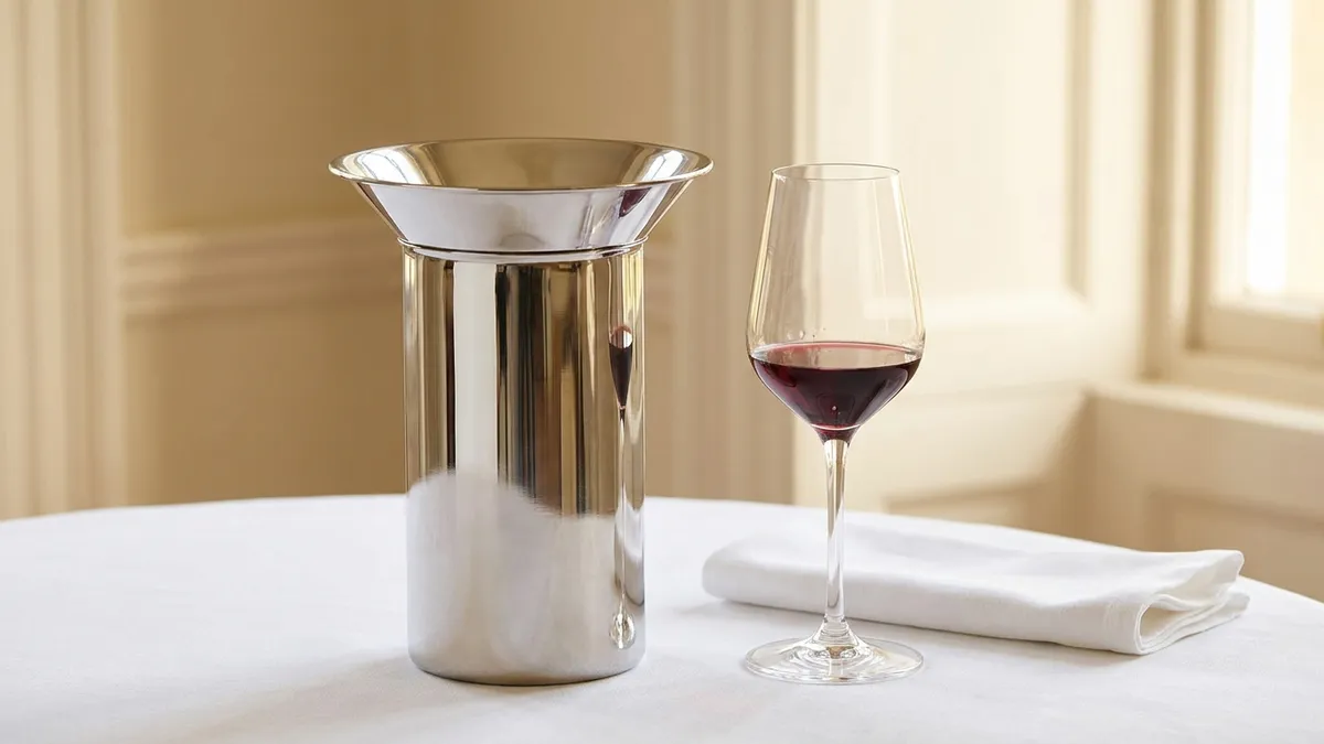 A spittoon bucket on a wine tasting counter alongside tasting glasses