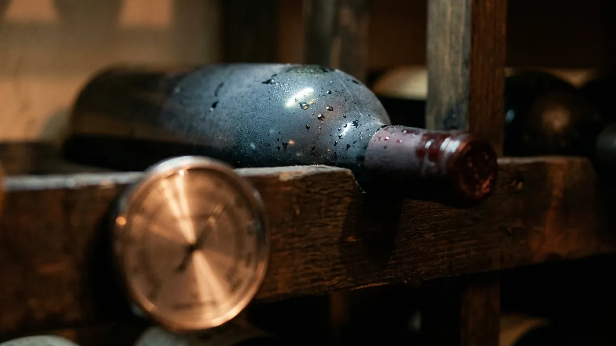 A pantry shelf showing bottles laying horizontally with a small thermometer-hygrometer device next to them