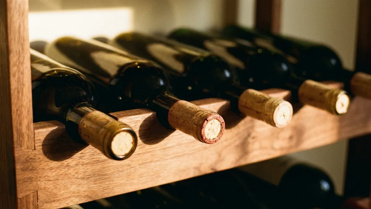Bottles on their sides versus standing upright on a wooden rack for comparison