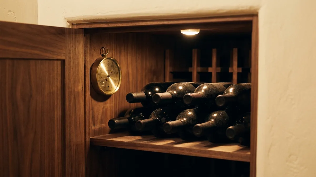 A small wooden wine rack tucked into a quiet interior closet, bottles laying flat on their sides in soft, dim ambient light