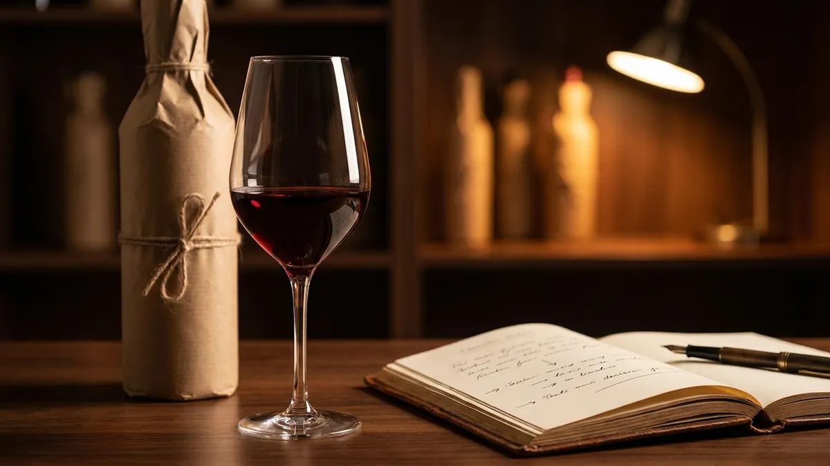 A wine bottle wrapped in plain brown kraft paper sits behind a wine glass holding ruby-garnet wine, beside an open leather notebook with a flowing handwritten conclusion, under warm tungsten light in a wine library with shelves of bottles dimly visible behind