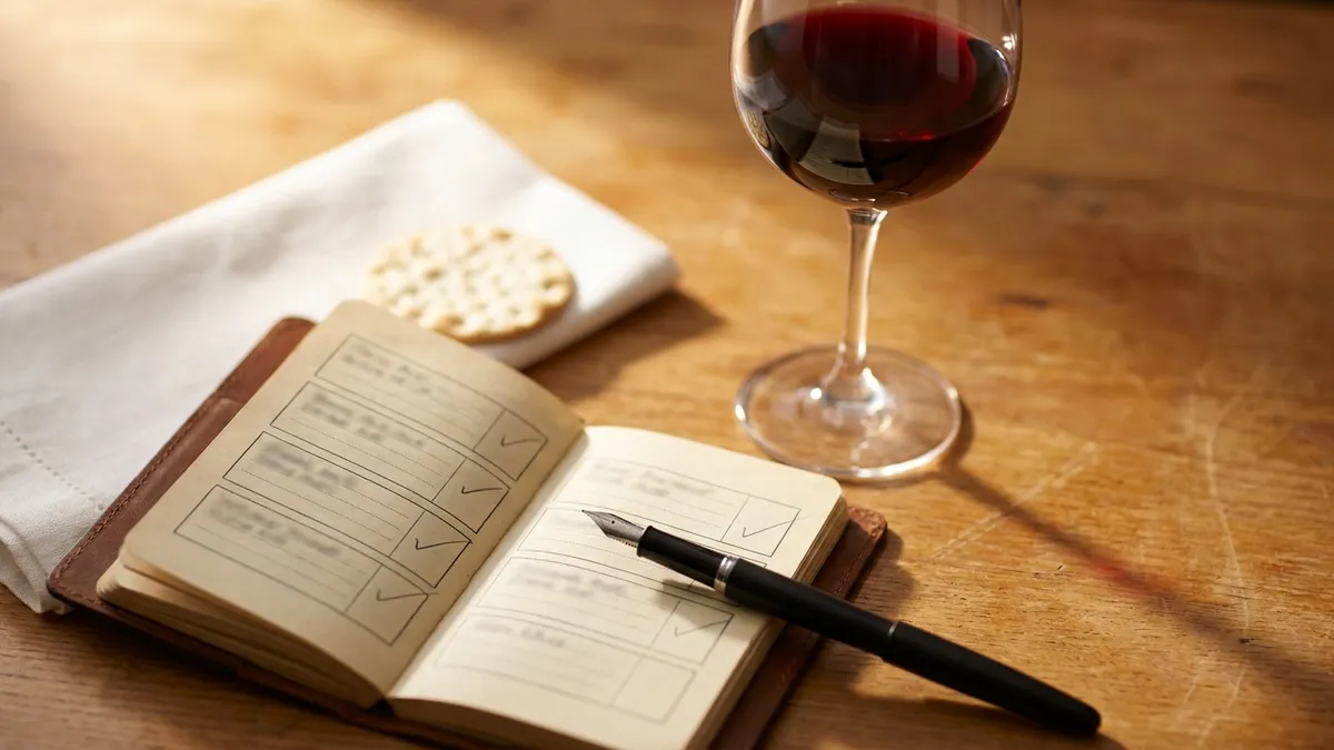 An open leather tasting notebook on a honey-oak desk showing a clearly structured tasting grid with five ruled rows and small check marks, a fountain pen mid-stroke, and a wine glass holding ruby-red wine in the upper right