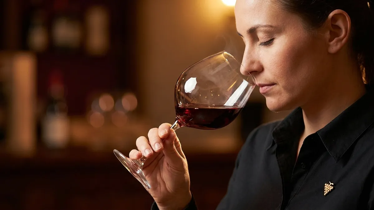 A sommelier holding a wine glass at the correct angle in profile, inhaling deliberately with eyes closed