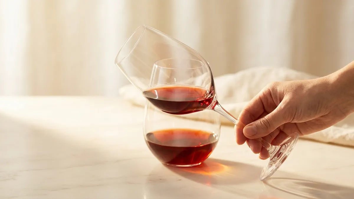 A single wine glass held at a 45-degree angle with ruby-red wine refracting warm light against a clean ivory background
