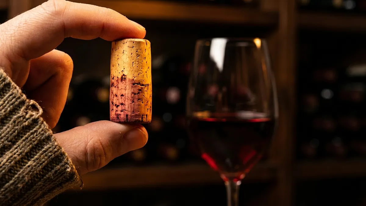 A hand holding a wine cork up to the light with a half-full wine glass blurred in the background, suggesting a sommelier checking for cork taint