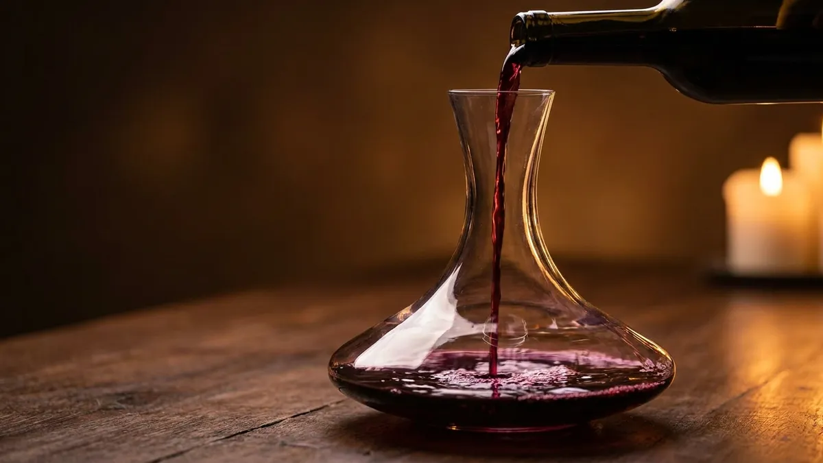 Red wine being poured from a bottle into a wide-bottomed glass decanter on a wooden table