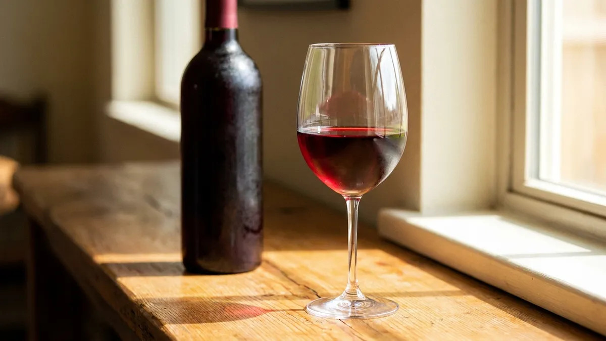 A glass of deep red wine on a wooden counter by a window, a cool bottle with fine condensation beside it