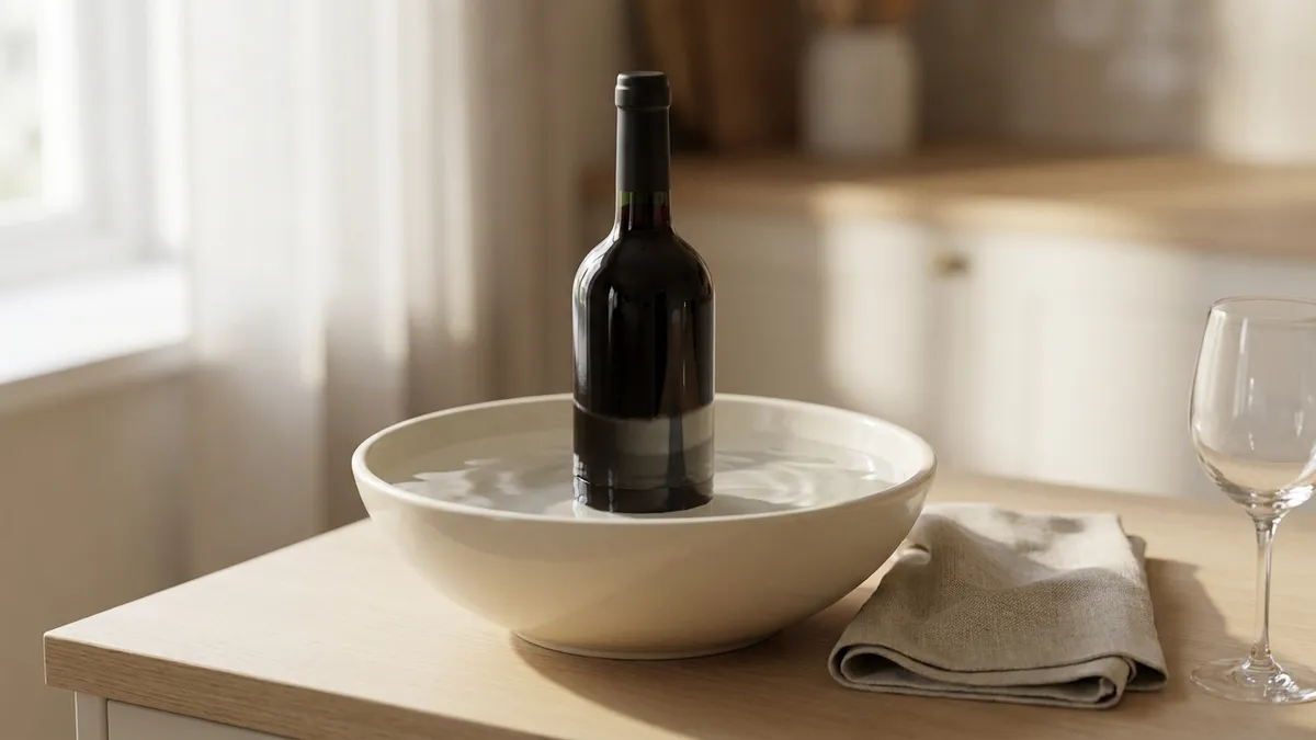 A bottle of red wine standing in a wide ceramic bowl of clear water on a kitchen counter, soft side light