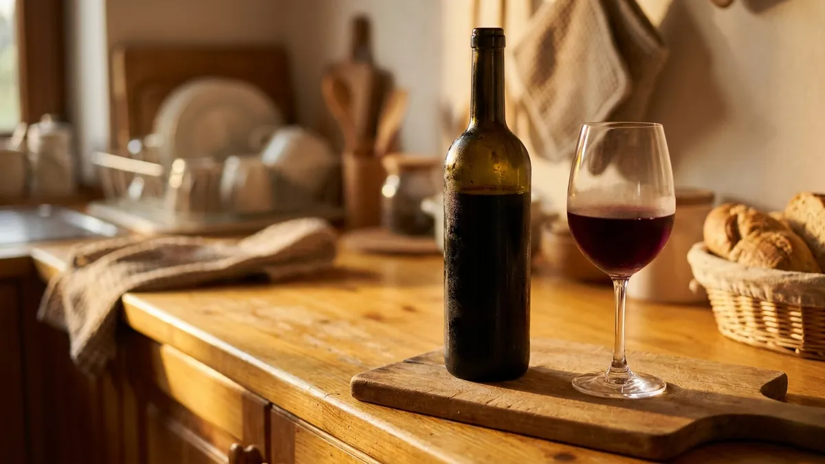 A cool bottle of red wine beaded with condensation beside a half-filled glass on a wooden kitchen counter in warm evening light