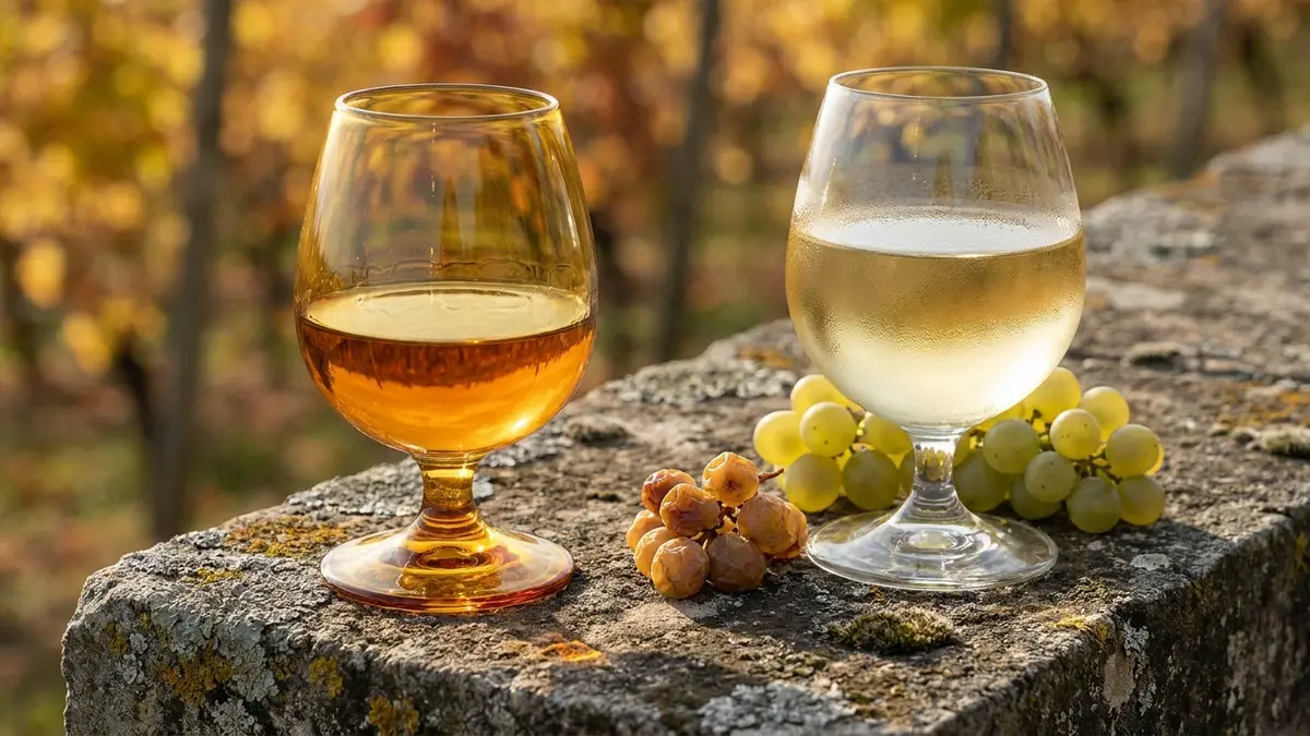 Glass of deep amber Tokaji aszú beside a glass of pale gold dry Furmint on a stone ledge with autumn light