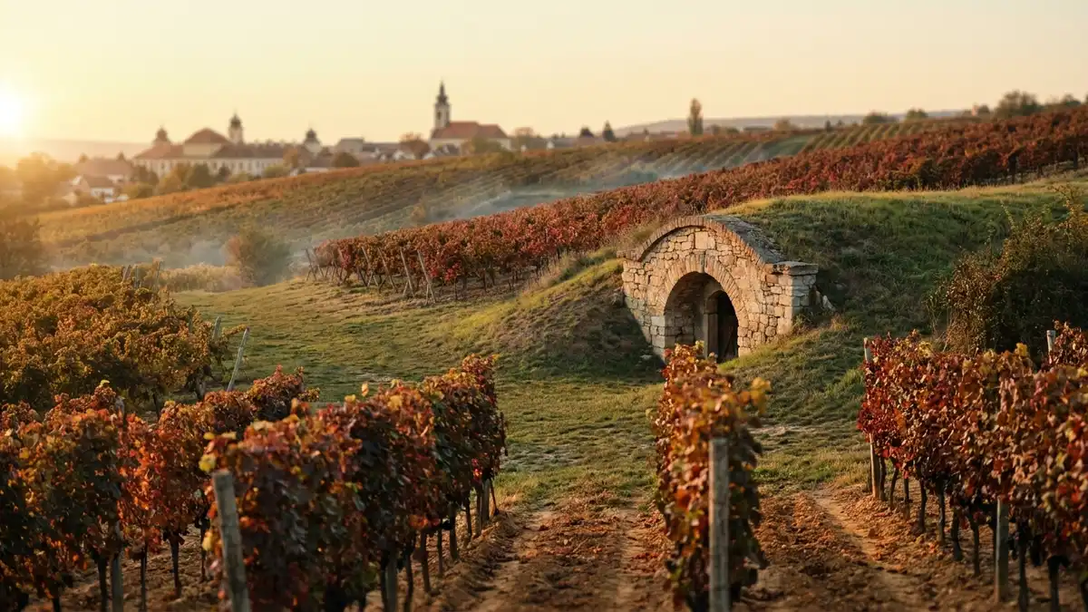 Rolling vineyards around the town of Eger in autumn, with a historic stone cellar entrance carved into a hillside