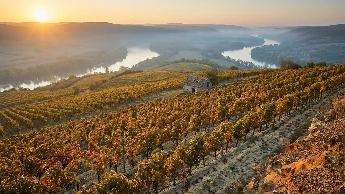 Sunlit terraced vineyards of the Tokaj region in Hungary at golden hour, volcanic slopes covered in Furmint vines descending toward a river valley