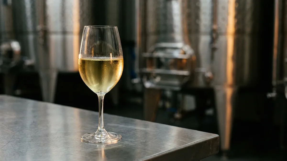 Close-up of a stainless steel tank cellar with a glass of pale young Hunter Sémillon, condensation on the glass, warm low light