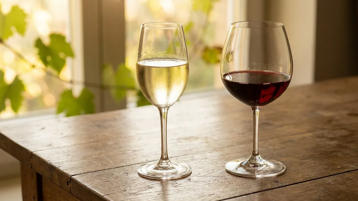 Side-by-side glasses of pale young Hunter Valley Sémillon and earthy medium-ruby Hunter Shiraz on a weathered wooden table