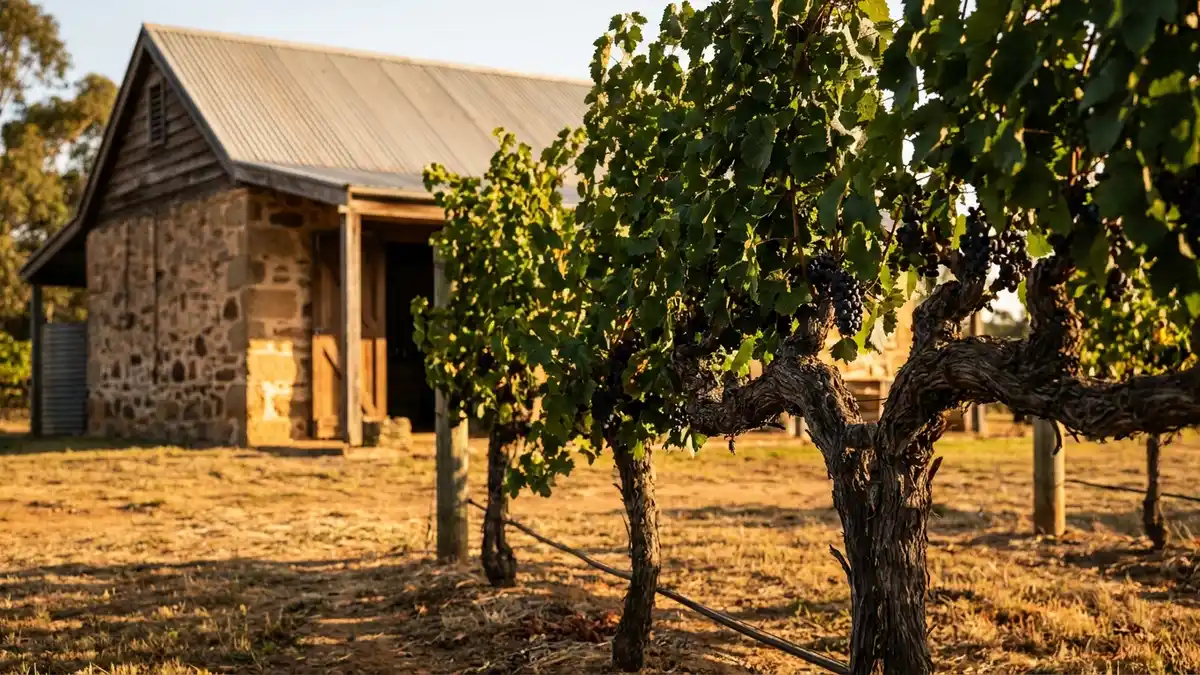 Historic cellar door and old gnarled Shiraz vines in the Lower Hunter near Pokolbin, late afternoon light over green rows