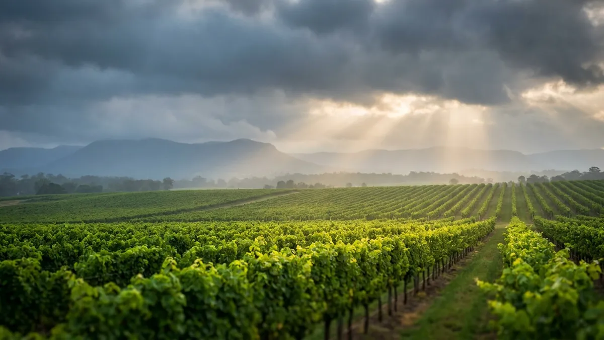 Wide view of Hunter Valley vineyards under a dramatic subtropical sky, low clouds over green vines with the Brokenback Range behind