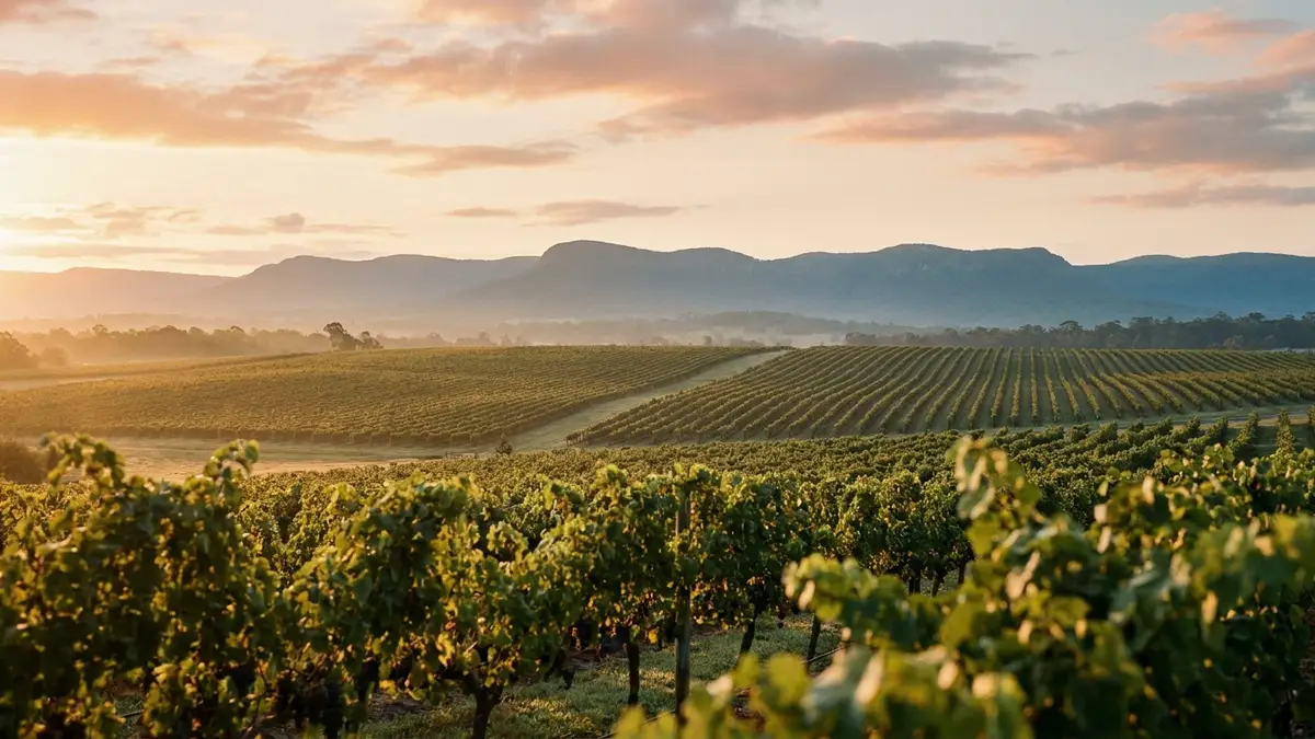 Hunter Valley vineyard at golden hour in New South Wales, gently rolling rows of vines backed by the soft blue Brokenback Range