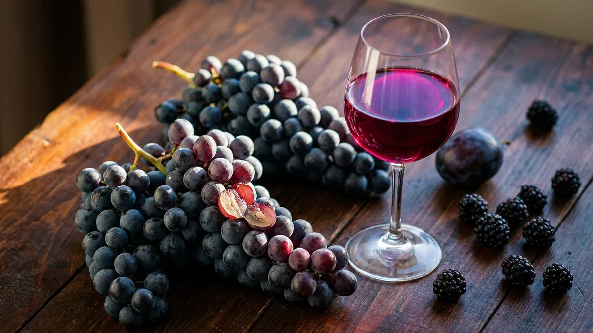 Clusters of dark-skinned hybrid grapes beside a glass of red wine showing bright dark-berry fruit on a rustic wooden table
