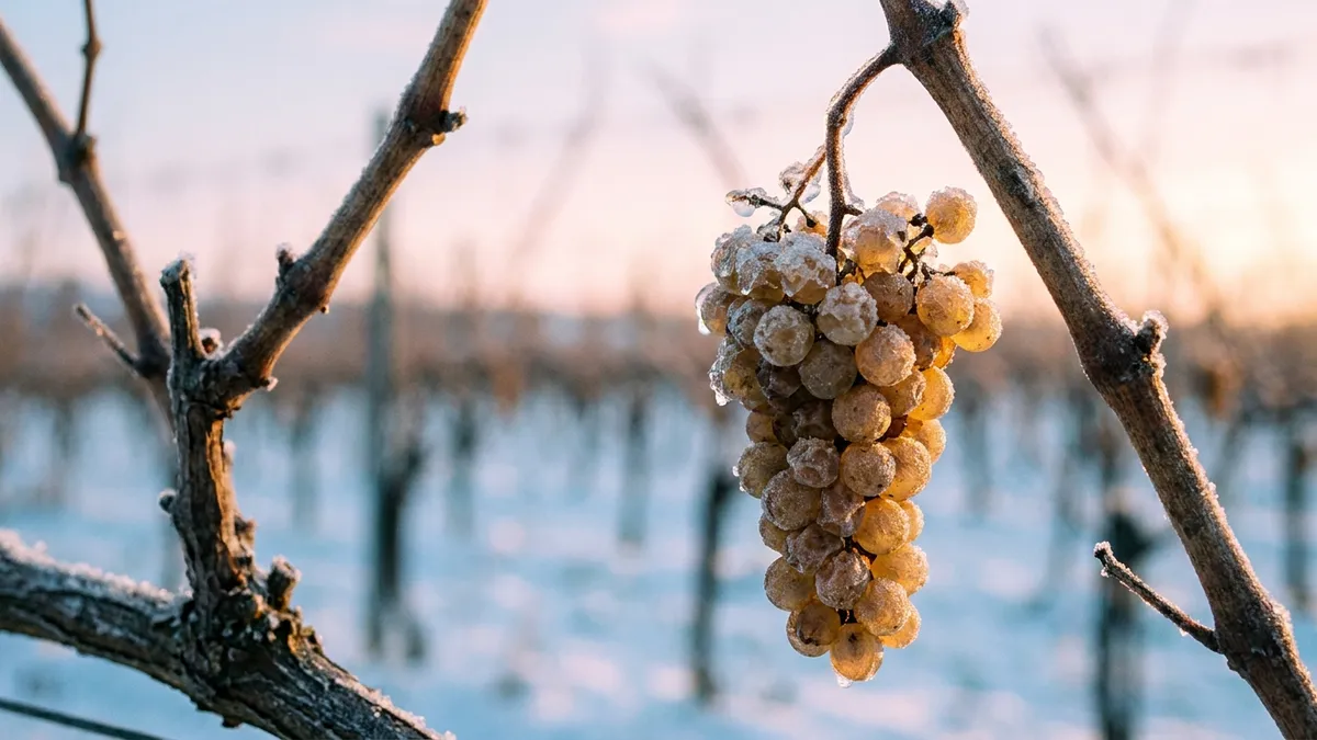 Frozen Vidal Blanc grapes hanging on the vine under heavy frost at dawn during an icewine harvest