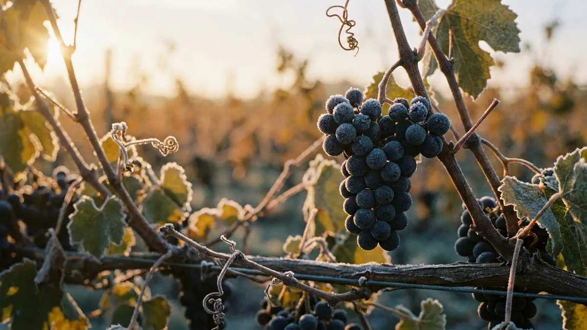 Cold-hardy hybrid grape vines with frost on the leaves in a northern vineyard under a pale autumn sky