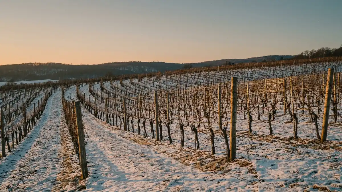 A cold-climate vineyard on a snow-dusted hillside in the northern United States with bare vine rows under low winter light