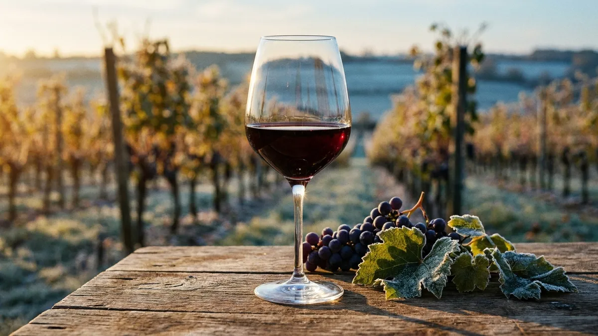 A glass of deep purple Marquette red wine beside cold-hardy vines under a frosted autumn sky in a northern vineyard
