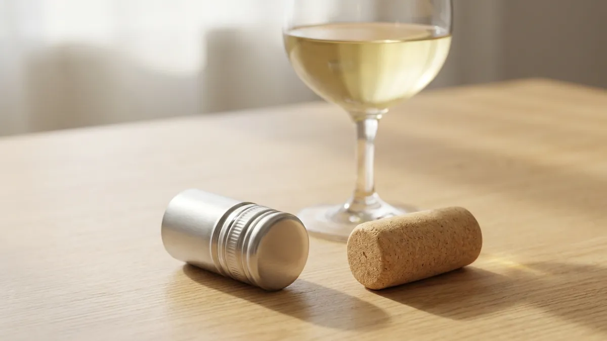 A screwcap and a natural cork lying side by side on pale oak beside a glass of white wine, soft daylight from the left