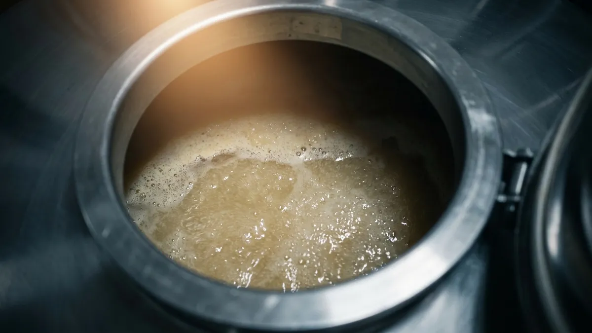 Looking down through the open hatch of a stainless steel fermentation tank at cloudy golden juice foaming with fine bubbles under warm light