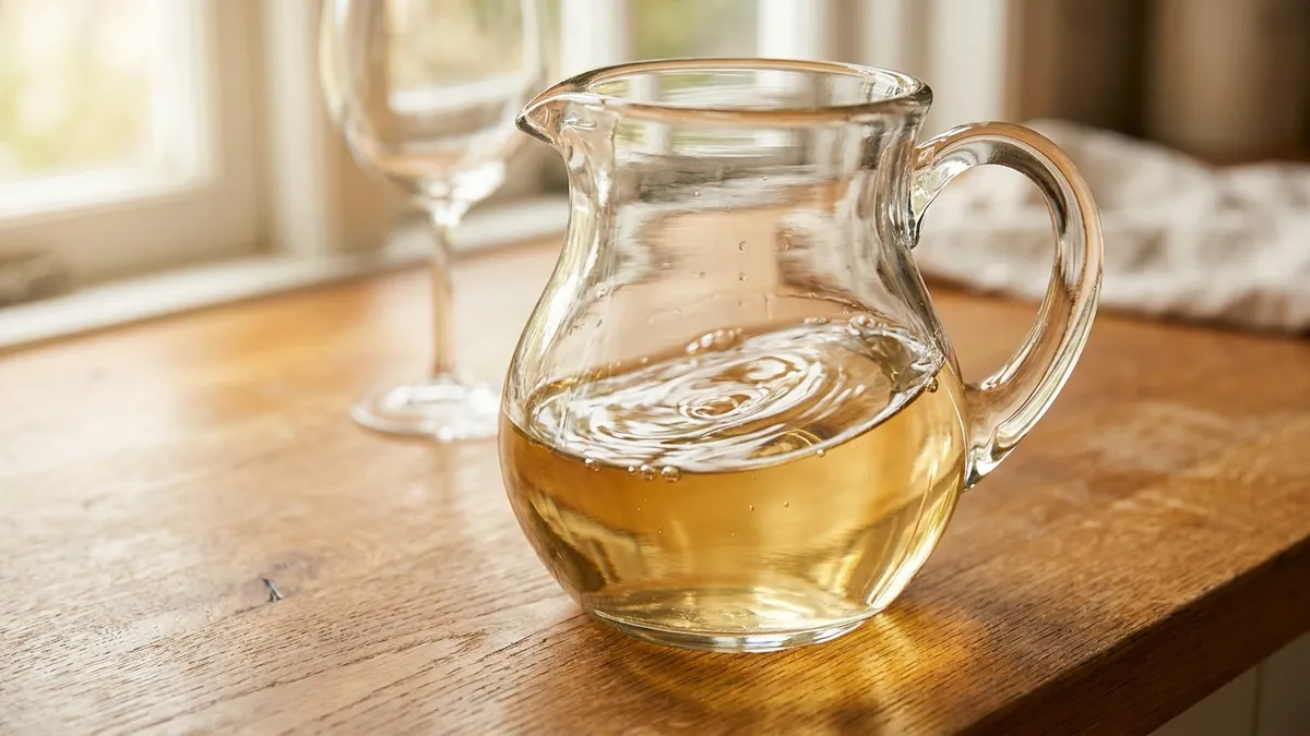 A wide glass jug of pale golden wine on a wooden table, a small swirl on its surface catching warm window light