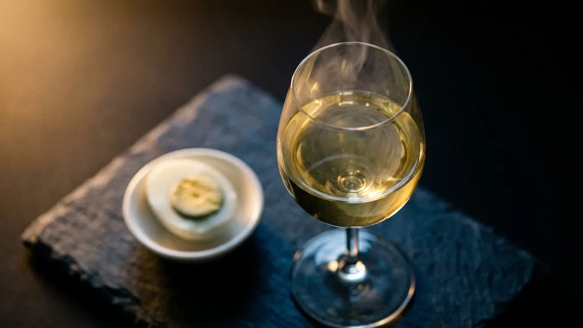 A glass of pale white wine on dark slate beside a halved hard-boiled egg, lit by a single warm side light