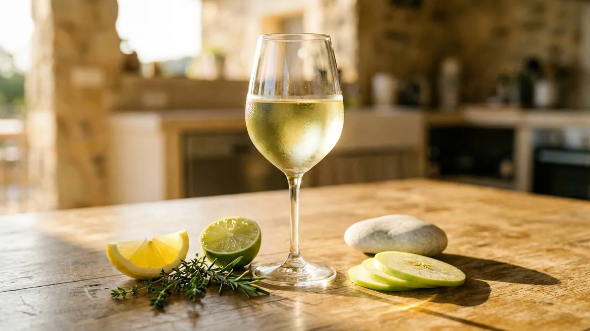 Close-up of pale golden white wine in a glass beside fresh citrus, herbs, and stone on a sunlit table
