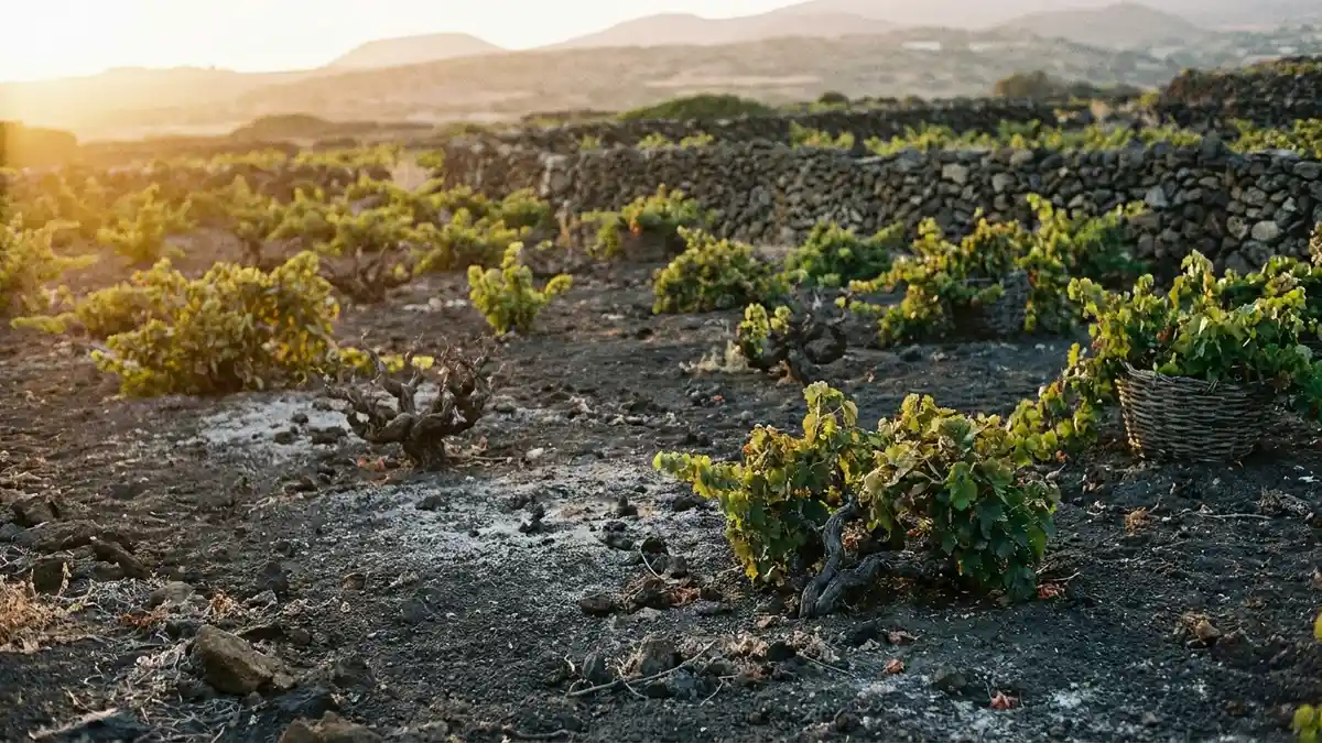 A volcanic Mediterranean vineyard with low-trained vines on dark mineral soil under bright sun