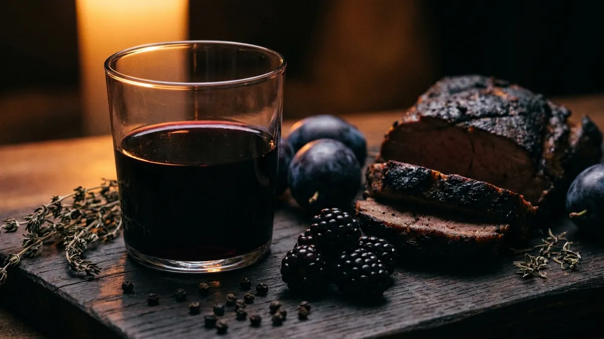 A deep inky-red wine in a glass beside roasted meat and dark berries on a rustic wooden board