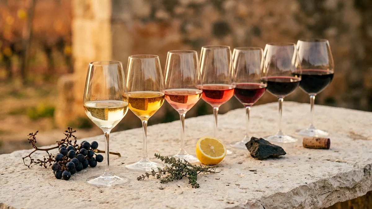 A row of wine glasses showing varied colors from pale volcanic white to deep inky red on a rustic stone table