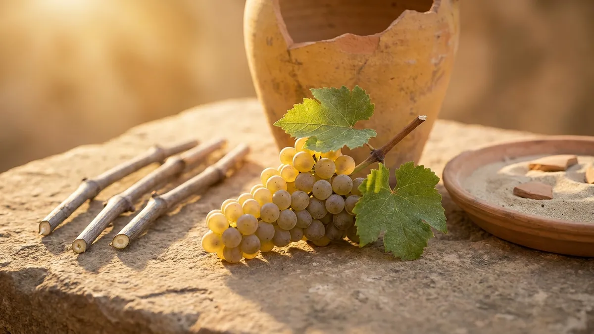 A small cluster of pale translucent green-gold grapes with an unglazed terracotta vessel and prepared vine cuttings on warm sandstone