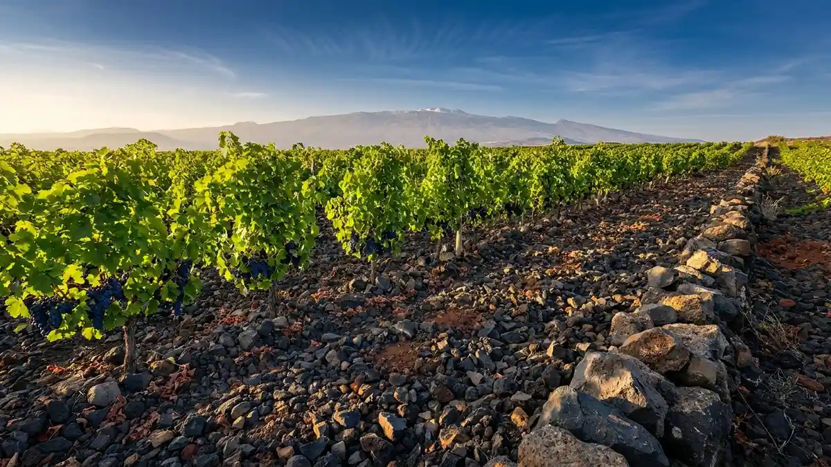 Vine rows on a high plateau covered in angular black volcanic basalt stones, with a snow-dusted mountain ridge on the far horizon