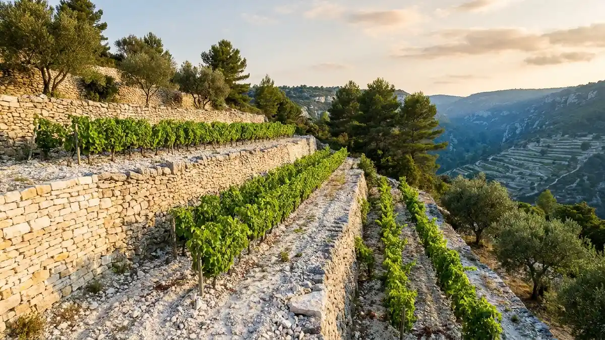 Ancient dry-stone limestone terraces on a hillside, each narrow terrace planted with a single row of vines, pine and olive trees along the ridgeline in golden light