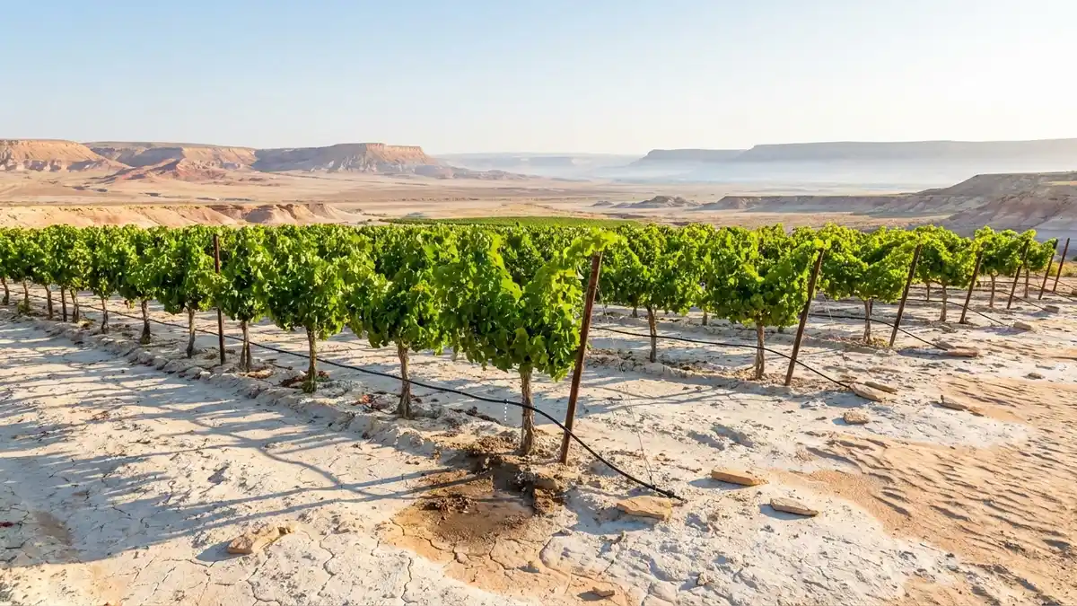 Vivid green trellised vine rows growing in pale cracked desert loess with a black drip-irrigation line, banded ochre mesas receding into haze