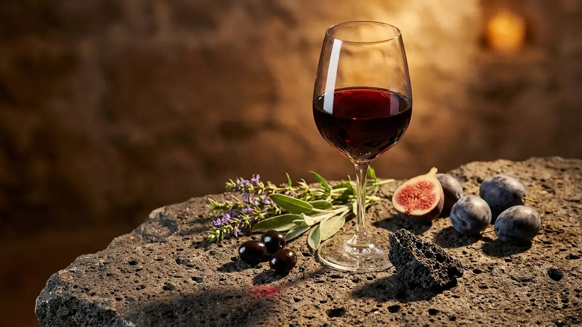 A glass of deep garnet Israeli red wine on a slab of volcanic basalt, surrounded by wild hyssop, sage, olives, a halved fig, and dark plums in warm evening light
