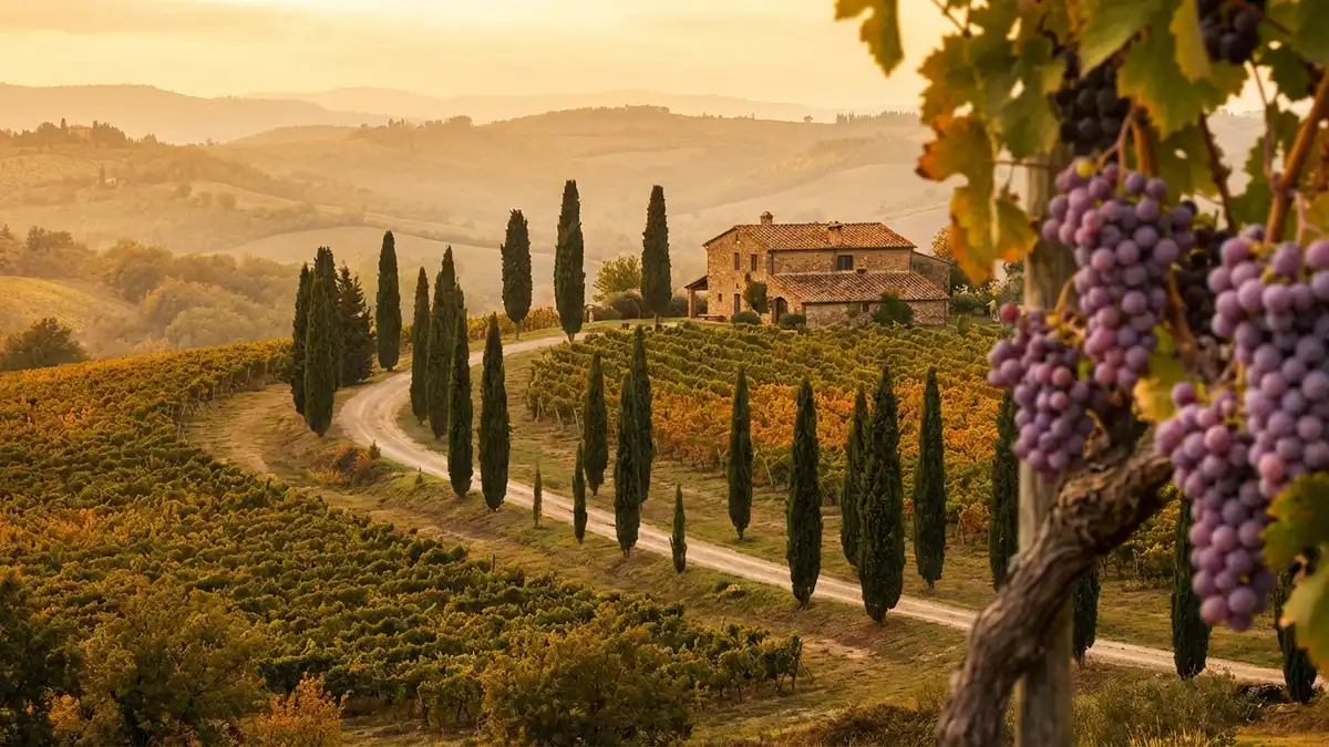 Rolling Tuscan hillside with cypress trees and vineyard rows leading to a rustic stone farmhouse in warm golden afternoon light