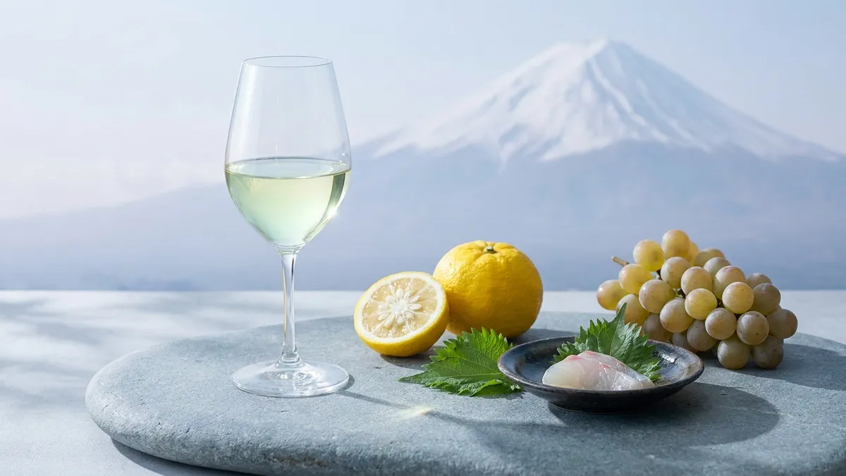 A glass of pale straw-gold Koshu white wine on a slab of grey stone, with fresh yuzu, a slice of raw fish, green shiso leaves, and Mount Fuji faint in the background at dawn