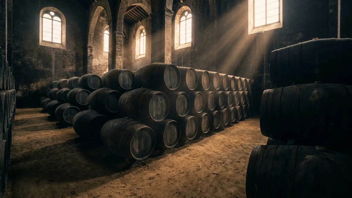 Rows of dark sherry barrels stacked in a tall, cool Andalucían bodega, soft light filtering through high arched windows