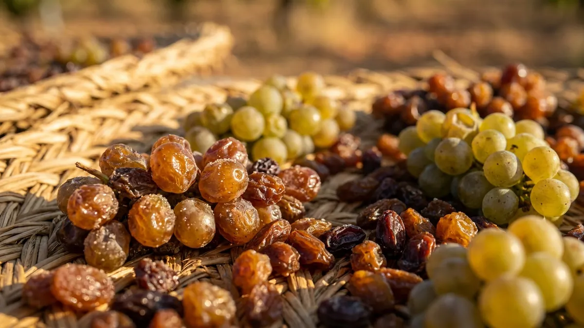 Sun-dried Pedro Ximénez grapes shriveling into dark raisins on woven mats under the Andalucían sun in the jerez sherry region