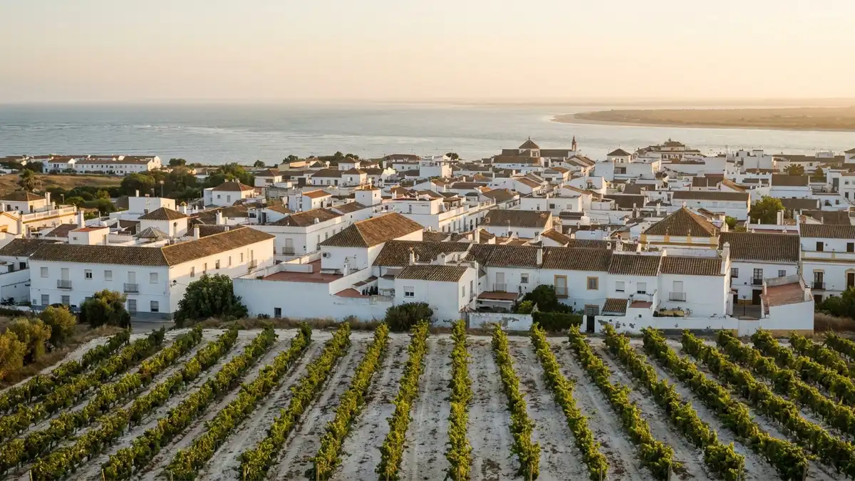 Whitewashed bodega town of Sanlúcar de Barrameda on the Andalucían coast, the Atlantic glinting beyond rows of low vineyards