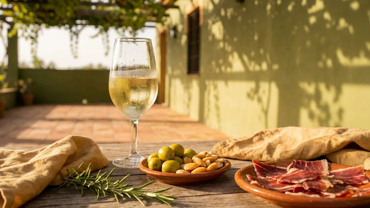 Chilled glass of pale Fino sherry beside a plate of green olives, marcona almonds, and thin-sliced cured ham on a sunny Andalucían terrace