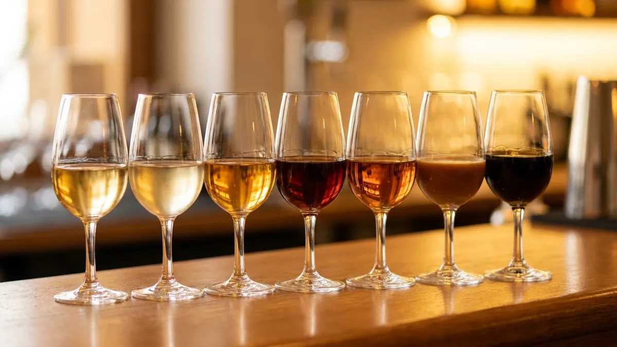 A flight of seven sherries arranged left to right from pale straw Fino through amber Amontillado to opaque dark Pedro Ximénez on a wooden bar